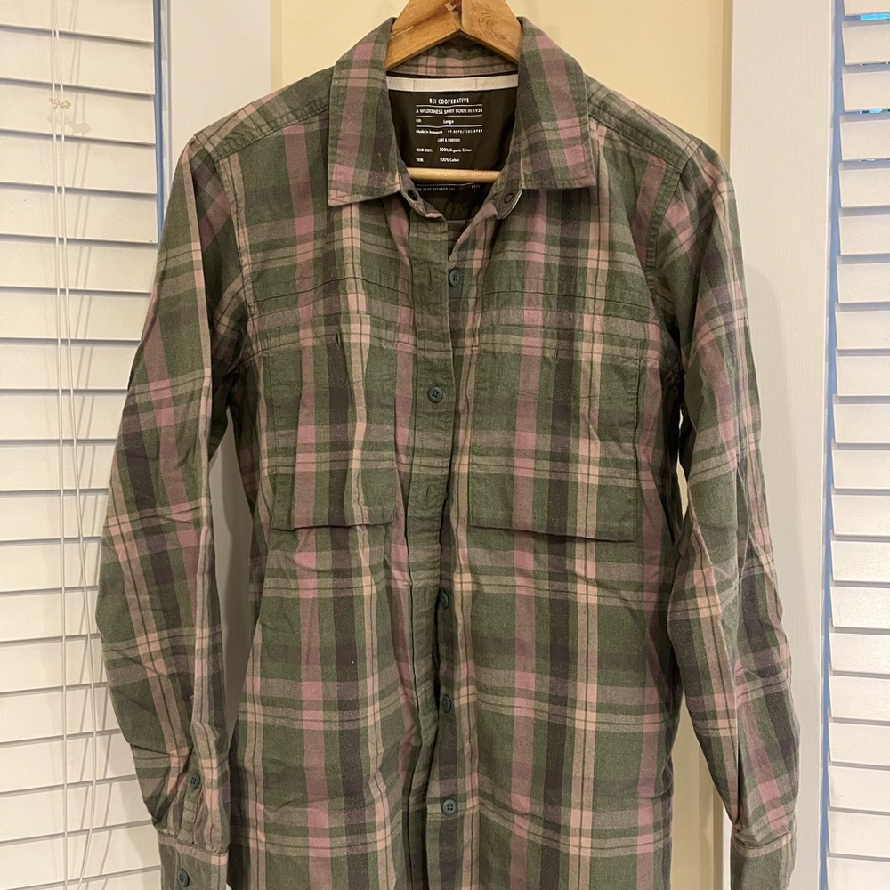 REI Green and Pink Plaid Button Down Shirt